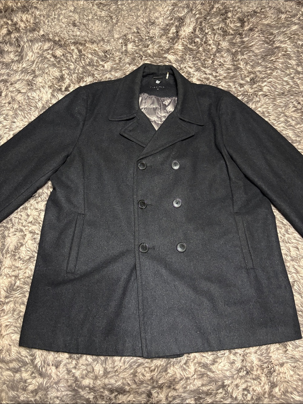 Calvin Klein Men's Black Double-Breasted Wool Pea Coat